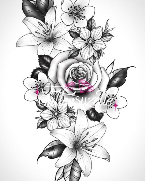 Rose And Lily Tattoo Design, Floral Tattoo Design Drawings, Rose And Lily Tattoo, Sleeve Flower Tattoo, Mandala Floral Tattoo Design, Mandala Floral Tattoo, Lily Tattoo Design, Mandala Flower Tattoos, Lily Flower Tattoos