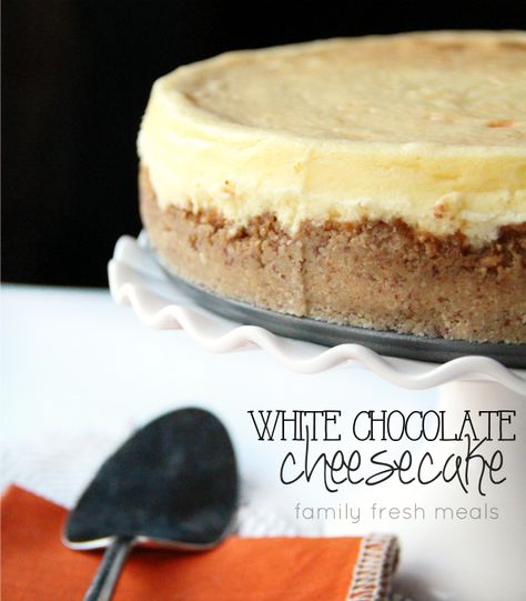 White Chocolate Cheesecake Recipe - FamilyFreshMeals.com --Fabulous Cheesecake Recipe! -FB Chocolate Ganache Cheesecake, White Chocolate Cheesecake Recipes, Baked White Chocolate Cheesecake, Chocolate Cheesecake Bites, White Chocolate Desserts, Chocolate Cheesecake Recipe, Chocolate Cheesecake Recipes, White Chocolate Cheesecake, Fresh Meals