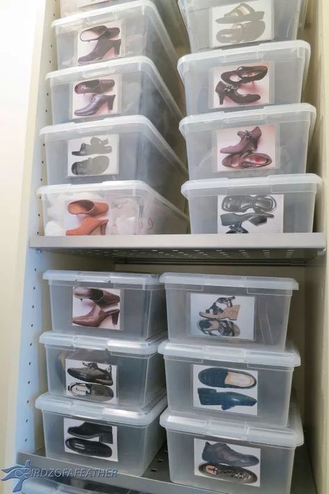 Easy Closet Storage, Deep Closet, Used Cabinets, Simple Closet, Shoe Storage Solutions, Plastic Container Storage, Fashion Organization, Room Closet, Vertical Storage