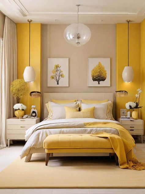 Bedroom Aesthetic Classy, Bedroom Blue And Yellow, Yellow Walls Bedroom Ideas, Bedroom Yellow Walls, Bedroom Ideas Organic Modern, Modern Yellow Bedroom, Yellow Room Ideas, Bedroom Ideas Summer, Spring Bedroom Ideas