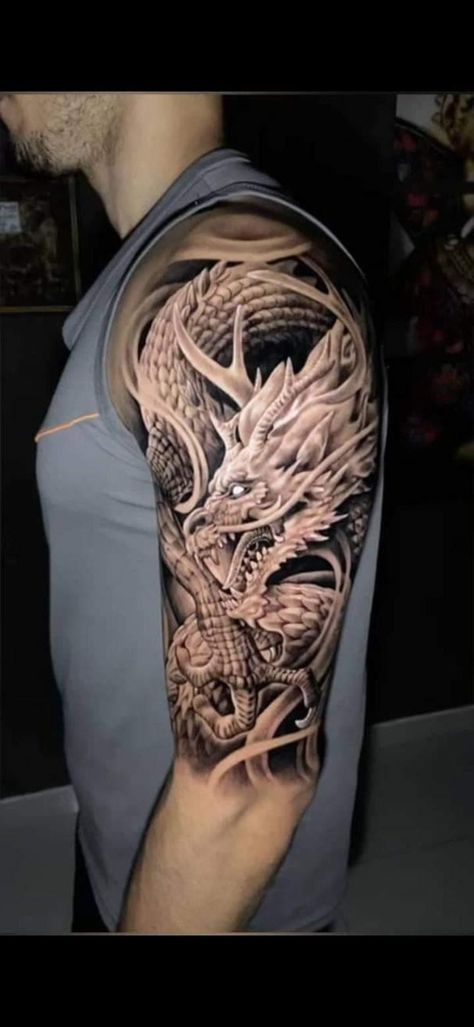 Dragon Tattoo Shoulder, Black Dragon Tattoo, Dragon Tattoo Arm, Dragon Head Tattoo, Bicep Tattoo Men, Phönix Tattoo, Dragon Tattoos For Men, Dragon Sleeve, Tattoos Infinity