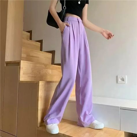 Women Back to office korean Lavender pants trouser Lavender Pants, Casual Suit, Suit Pants, Slim Pants, Slim Waist, Straight Leg Pants, High Waisted Pants, Fashion Pants, Wide Leg Pants