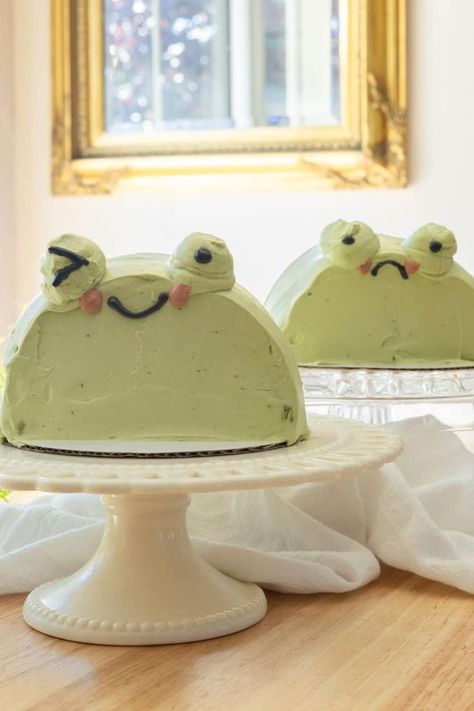 Frog Shaped Cake, Easy Frog Cake, Frog Cake Ideas, Easy Whipped Cream Frosting, Cakes To Make At Home, Korean Birthday Cake, Froggy Cake, Kawaii Baking, Matcha Mango