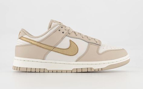 New Looks // Nike Dunk Low "Gold Swoosh" Nike Dunk Low Fits, Gold Swoosh Dunks Outfit, Nike Dunks Neutral, Women Low Dunks, Low Dunks Women, Tan Dunks, Tenis Nike Dunk, Nike Low Dunk, Nike Dunk Low Outfit