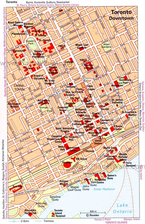 Toronto Map - Attractions Toronto Downtown, Things To Do In Toronto, Cities Skylines, Canada Map, Toronto City, Toronto Travel, Lake Ontario, Street Map, City Maps