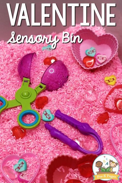 A fun, hands-on Valentine's Day sensory bin activity for your preschool or pre-k classroom. Use loose parts and colored rice for a fun sensory experience! February Activities For Preschool, Sensory Valentines, Preschool Valentines Day Crafts, Prek Valentines, Preschool Valentines Day, February Preschool, Valentines Day Crafts For Preschoolers, Preschool Valentines Activities, Valentines Activities