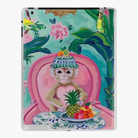 Get my art printed on awesome products. Support me at Redbubble #RBandME: https://www.redbubble.com/i/ipad-skin/Chinoiserie-monkey-and-fruit-basket-by-SophieClimaArt/163897872.MHP6F?asc=u Safari Decor Living Room, Fruit Bowl Art, Watercolor Chinoiserie, Grandmillennial Decor, Preppy Chic Style, Monkey Painting, Chinoiserie Prints, Modern Chinoiserie, Grandmillennial Style