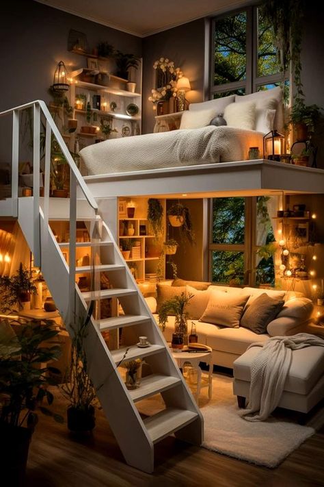 Bed With Futon, Loft Bedroom Decor, Bed With Curtains, Small Loft Apartment, Bed With Desk Underneath, Loft Bedroom Ideas, Home Layout Design, Lofted Dorm Beds, Dorm Bed