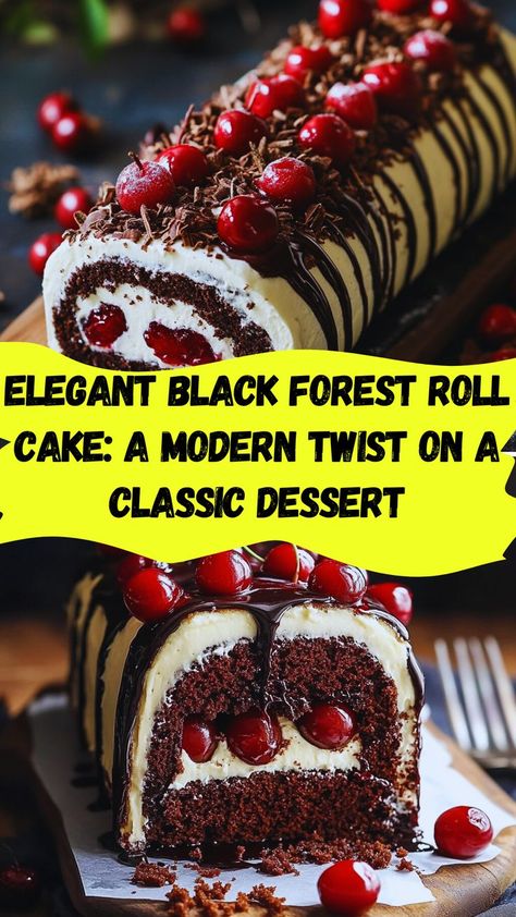 Elevate your dessert game with this Elegant Black Forest Roll Cake! Featuring a moist chocolate sponge, luscious whipped cream, and a tart cherry filling, all rolled into a beautiful spiral and topped with dark chocolate shavings and fresh cherries, this cake is a feast for both the eyes and the palate. Perfect for celebrations, holidays, or any occasion that calls for something extraordinary. Save this recipe and impress your guests with this modern twist on a classic favorite! 🎂❤️🌟 Black Forest Cake Roll, Black Forest Roll Cake, Black Forest Cake Aesthetic, Black Forest Torte Recipe, Black Forest Dessert, Black Forest Cherry Cake, Sponge Cake Roll, Black Forest Cake Recipe, Black Forest Gateau