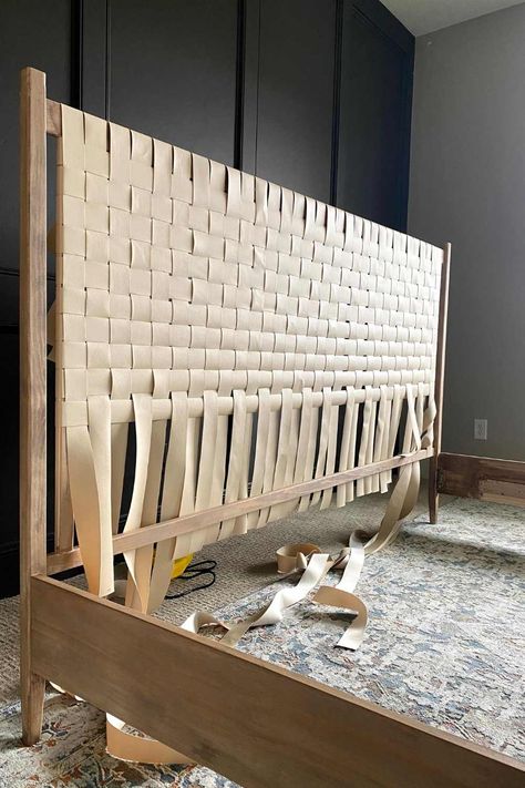 DIY King Woven Leather Bed | Honey Built Home Diy Woven Leather Headboard, Diy King Bed, Diy King Bed Frame, Diy Headboard Ideas, Leather Bed Frame, Headboard Ideas, Minimalist House, Leather Headboard, Diy Bed Frame