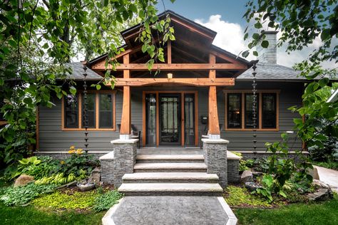 Gray House With Cedar Accents, Dark Grey Houses, Country Home Design, Old Basement, Residential Exterior, Home Exterior Ideas, Country House Design, Bungalow Renovation, Grey House