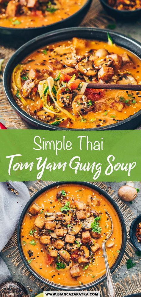 Vegan Thai Tom Yum Noodle Soup This vegan version of Tom Yum Soup is loaded with meaty mushrooms, spiralized zucchini, and crispy, oven-baked tofu for a hearty yet healthy lunch or dinner meal! Enjoy this popular Thai soup with its unique and explosive combination of creamy, spicy, zesty, and tangy flavors! Thai Peanut Soup Recipes, Thai Tom Yum Soup Recipe, Tom Tom Soup, Vegan Thai Noodle Soup, Thai Noodle Soup Recipes, Thai Vegetable Noodle Soup, Thai Curry Vegetable Soup, Tofu In Soup Recipes, Thai Veggie Soup