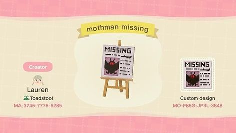 ac:nh❣️Lauren on Instagram: “Have you seen this Cryptid? 📰🔍🌿 Mothman missing posters for your island.” Motif Acnl, Japanese Town, Animal Crossing Guide, Animal Crossing Qr Codes Clothes, Acnh Codes, Qr Codes Animal Crossing, Newspaper Design, Loch Ness Monster, Stall Designs