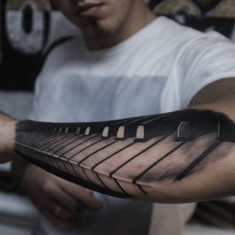 the whole piano keyboard tattoo done in prospective Piano Tattoo, Unique Forearm Tattoos, Key Tattoo, Forearm Sleeve, Music Tattoo Designs, Forearm Sleeve Tattoos, Cool Forearm Tattoos, Theme Tattoo, Back Of Shoulder Tattoo