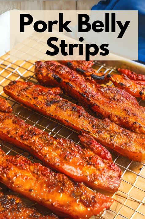 Discover how to cook pork belly strips in the oven with this simple and delicious recipe. Perfect for a savory dinner, these crispy pork belly strips are seasoned and baked to perfection. Great for family meals or gatherings. Click to see the recipe for pork belly strips. Pork Belly Bacon Recipes, Pork Belly Strips Recipes, Pork Belly Oven, Easy Pork Belly, Pork Belly Recipes Easy, Smoked Pork Recipes, Pork Belly Recipes Crispy, Pork Belly Strips, Smoked Pork Belly