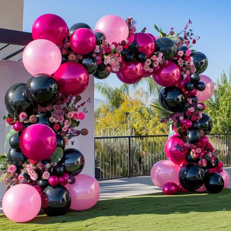 Glitz And Glam 30th Birthday, Color Themes For Birthday Parties, Women’s Birthday Party, Hot Pink Decorations Party, Pink And Black Balloon Garland, Moms Birthday Party, Pink And Black Party, Black Balloon Garland, Stuffed Balloons