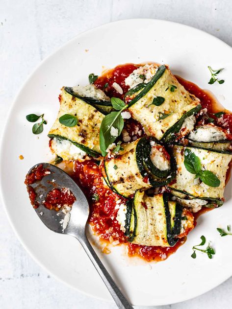 Zucchini Involtini Recipe - Sandra Valvassori Almond Ricotta Recipe, Zucchini Involtini, Almond Ricotta, Laura Wright, Grilled Zucchini, Summer Cooking, Vegan Meals, Sliced Almonds, Vegetarian Dishes