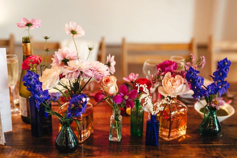 Colourful Wedding Table, Pink And Purple Wedding Flowers, Floral Table Arrangements, Pink And Purple Wedding, Bud Vases Wedding, Pink Blossom Tree, London October, Bright Wedding Flowers, Aisle Flowers