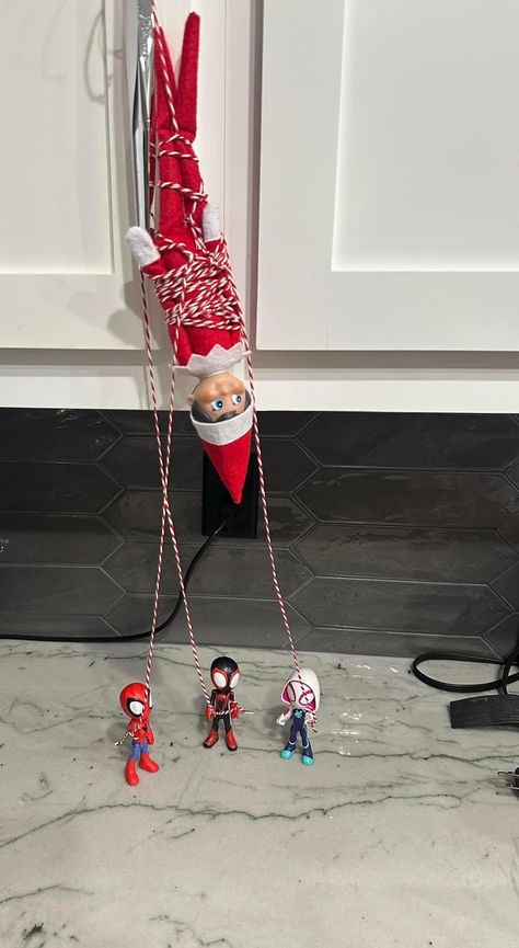 Elf On The Shelf String Of Lights, Fun Thing To Do With Elf On The Shelf, Elf On The Shelf Night Two, Elf On Shelf With Baby Ideas, Elf On The Shelf Ideas Helicopter, Elf On The Shelf Ideas Out Of Reach, Elves Back Ideas, Elf On The Shelf Toddler Boy, Elf On The Shelf Invisible