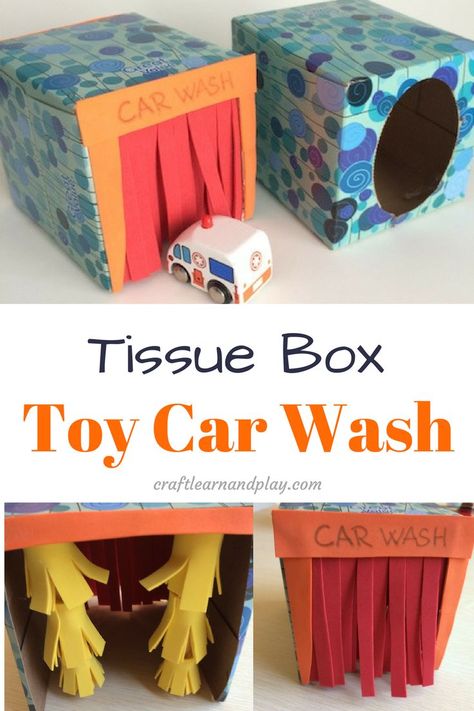 How To Make A Tissue Box Toy Car Wash. Follow this tutorial and you will have great toy that costs almost nothing. Make imaginative play better and bring in new activities for kids. Click for tutorial. Toy Car Wash, Car Crafts, Crafts Easy, Learn Crafts, Toddler Play, Toddler Learning Activities, Toddler Fun, Box Car, Infant Activities