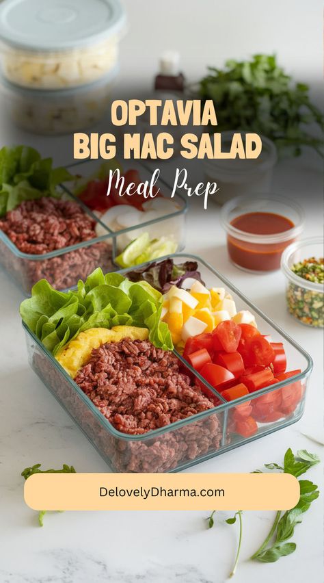 Meal prep friendly Optavia Big Mac salad portioned in containers showing organized lean and green preparation. Optavia Lunch Ideas, Optavia Big Mac Salad, Lean And Green Meals Optavia, Optavia Lean And Green, Big Mac Salad, Classic Burger, Lean And Green, Mac Salad, Green Meals