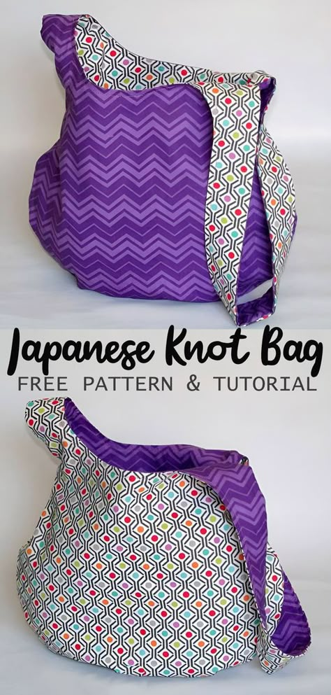 Reversible Japanese Knot Bag Pattern Japanese Bags Diy, Knot Bags Diy, Sewing A Bag Free Pattern, Free Knitting Bag Pattern, Japanese Purse Patterns, Reversible Bag Pattern Free, Sew Knitting Bag, Reversible Tote Bag Pattern Free, Tote Bag Patterns To Sew Free