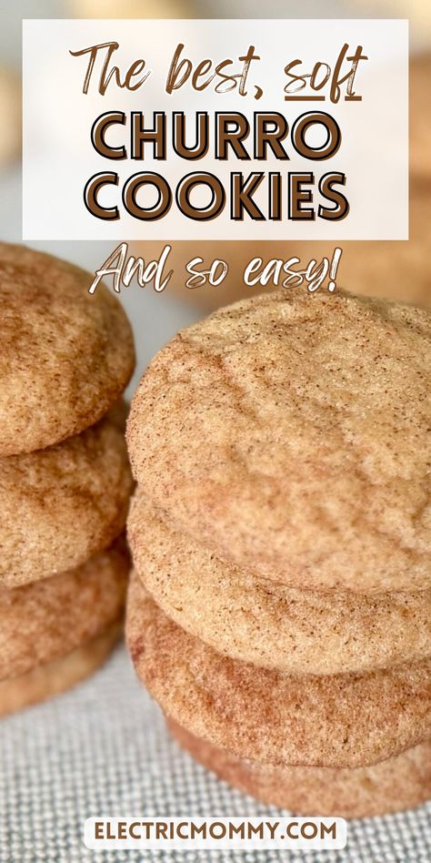 Easy Churro Cookies Churro Snickerdoodle Cookies, Cinnabon Cookies, Easy Family Dessert Recipes, The Best Cookies Recipes, Easy Mexican Cookies, Fall Dessert Recipes Easy Sweet Treats, Best Cookie Recipes Ever, Easy Cookie Recipes Few Ingredients, Good Easy Dessert Recipes