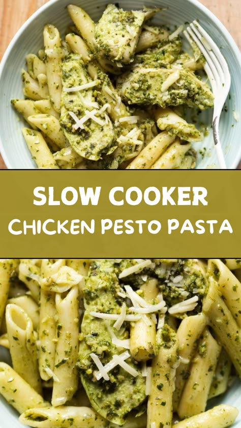 Slow Cooker Chicken Pesto Pasta Crock Pot Pesto Chicken Pasta, Slow Cooker Pesto Chicken Pasta, Pesto Alfredo Chicken Pasta Crockpot, Pesto Chicken In Crockpot, Crockpot Pesto Pasta, Pesto Chicken Slow Cooker, Pesto Crockpot Recipes, Pesto Chicken Pasta Crockpot, Crockpot Pesto Chicken Pasta