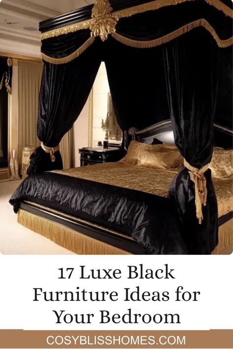 Explore 17 beautiful black furniture ideas to create a luxurious bedroom. This pin highlights a black canopy bed with gold accents, promising sophistication and style in bedroom decor. Black Canopy Bedroom Ideas, Black Furniture Ideas, Black Canopy Beds, Apartment Ideas Living Room, Modern Dressers, Canopy Beds, Canopy Bedroom, 17 Black, Bedroom Decor Inspiration