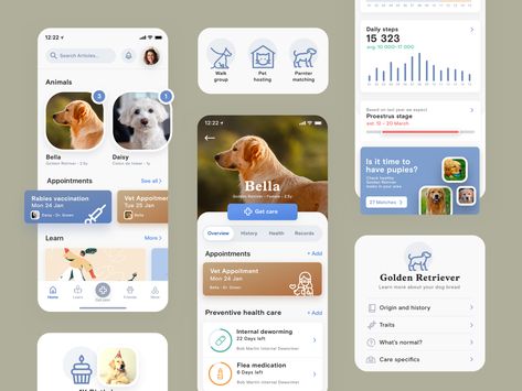 Pet health care app by Taras Bakusevych for Windmill on Dribbble Dog Apps, App Png, Health App Design, Health Apps, Ui Ux 디자인, Mobile App Design Inspiration, Pet Hotel, Pet Clinic, Ios Design