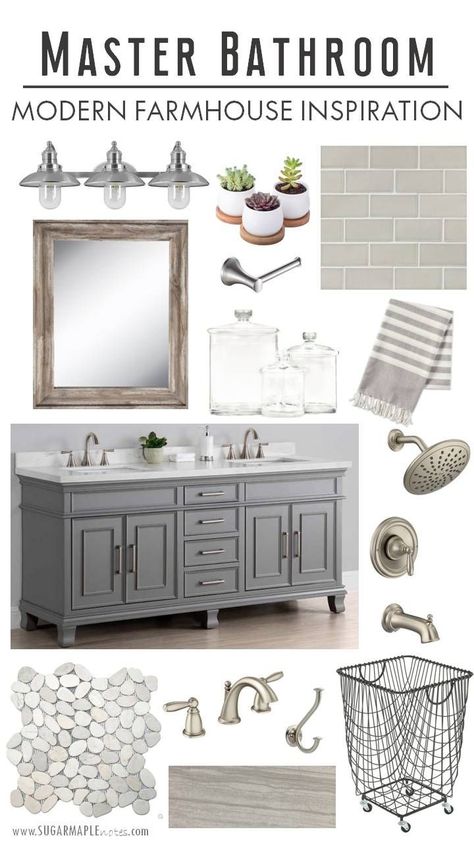 Modern farmhouse bathroom inspiration - gray vanity, wood mirrors, brushed nickel, gray subway tile, stone pebble tile, tiled shower- #bathroom #bathroomdesign #masterbathroom #interiordesign #farmhousestyle #modernfarmhouse Bathroom Inspiration Grey, Gray Subway Tile, Farmhouse Bathroom Inspiration, Wood Mirrors, Gray Vanity, Farmhouse Interior Design, Pebble Tile, Farmhouse Master, Modern Farmhouse Bathroom