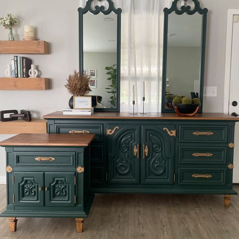 This grand 1968 Thomasville set is crafted from high quality solid wood painted in a rich dark green is a true showstopper. Timeless, sturdy, and beautifully refinished, this set is the perfect addition to any bedroom combining elegance and practicality in one stunning package. AVAILABLE FOR PURCHASE. 💚 Message me for more details. #furnituredesign #furnituremakeover #furnitureflip #vintagefurniture #vintagefurnituremakeover #vintagefurnitureforsale Deep Green Furniture Paint, Dark Painted Dresser, Black And Green Dresser, Gentlemans Dresser, Forest Green Furniture, Dark Green Dresser, Emerald Green Furniture, Dark Green Furniture, Dresser Colors