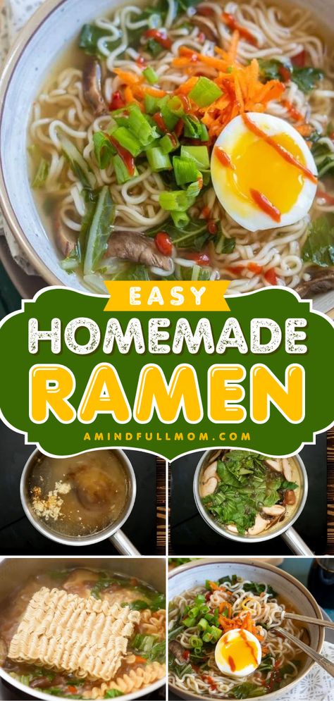 This Easy Homemade Ramen is a 30-minute meal you don't want to miss! Filled with vegetables and noodles in a rich broth, this vegetarian ramen bowl is a delicious soup with traditional Japanese flavors. Save this quick lunch idea! Make Ramen At Home, Homemade Ramen Noodles Soup, Homemade Ramen Broth, Easy Homemade Ramen, Ramen Noodle Recipes Soup, Ramen At Home, Homemade Ramen Noodles, Ramen Noodle Recipes Easy, Ramen Soup Recipes