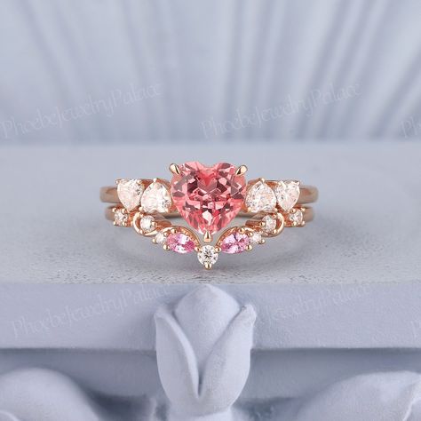 Pink Rings Engagement, Art Deco Heart, Morganite Engagement Ring Oval, Pink Sapphire Engagement Ring, 6mm Wedding Band, Love Rings, Sapphire Engagement Ring Set, Pink Engagement Ring, Pink Sapphire Ring Engagement