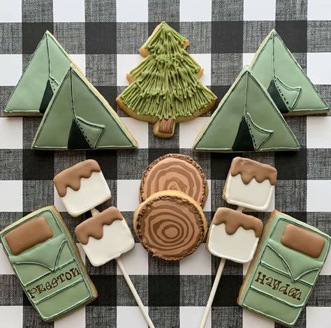 Birthday Diy Decor, 1st Birthday Diy, First Birthday Diy, Happy Camper Birthday Party, Camping Cookies, Camping Theme Birthday Party, Camping Theme Birthday, Royal Iced Cookies, Camping Birthday Party