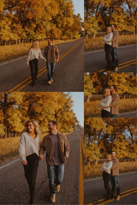 Fall Color Engagement Pictures, Engagement Photo Outfits For Men Fall, Engagement Photos Inspo Fall, Engament Picture Outfits Fall, Engagement Photos Midsize, Engagement Photos Outfits Fall Mountains, Fall Engagement Shoot Outfits, Outdoor Engagement Photos Outfits Fall, Fall Engagement Pictures Outfit Dresses