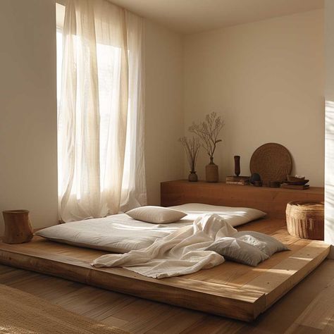 Minimalist Zen House Design Trends for Modern Tranquil Living • 333+ Images • [ArtFacade] Plain Room Decor Ideas, Japandi Design Bedroom, Two Floor Bed, Zen Interior Design Bedroom, Japan Minimalist House, Minimalist Zen Interior, Tatami Mat Bedroom, Bed Next To Window, Extreme Minimalist Home