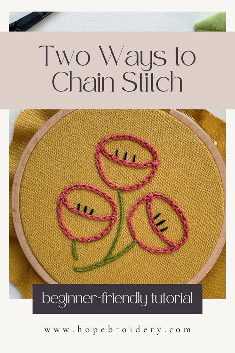 Chain stitch is a simple hand embroidery technique typically used to follow lines and curves (though it can also be used to fill in a space, much like split back stitch). There are two ways to do chain stitch; the "right" version is whichever version works best for you. On my blog, you'll find a beginner-friendly tutorial for both ways to chain stitch in hand embroidery, with instructions in written, photo, and (longer) video format. Hand Embroidery Chain Stitch Designs, Embroidery Chain Stitch Design, Back Chain Stitch Design, Split Stitch Embroidery Design, Back Stitch Embroidery Design Patterns, Split Back Stitch Embroidery, Running Stitch Embroidery Design Simple, Cable Chain Stitch Embroidery Design, Aari Chain Stitch Designs