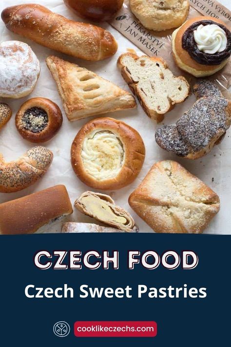 See what types of sweet pastries are available in the Czech Republic. Including links to recipes. Czech Republic Recipes, European Pastry Recipes, Slovak Nut Roll Recipe, Polish Pastries, Czech Cookies, Czech Dumplings, Nut Roll Recipe, Czech Desserts, Kolache Recipe