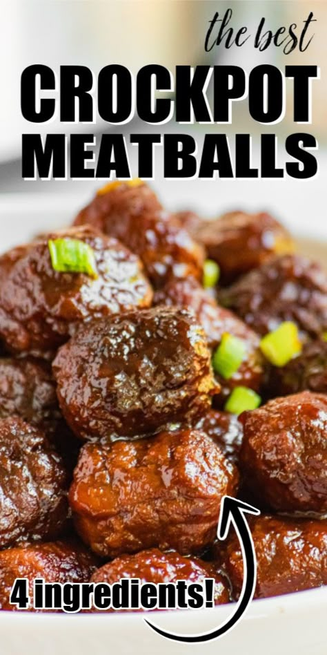 Crockpot meatballs are a simple 4-ingredient recipe that combines basic ingredients for a sweet and tangy meatball. Combine brown sugar, ketchup, and worcestershire sauce to make an easy meal that's tender, juicy and a fan favorite! Serve them as a meal or as an appetizer for a party - you'll have everyone asking for more! Best Crockpot Meatballs, Sweet Meatballs, Crockpot Meatballs, Meatball Recipes Crockpot, Delicious Crockpot Recipes, Best Crockpot, Meatball Recipes Easy, Appetizer Meatballs, Crock Pot Meatballs