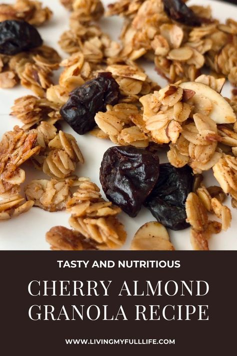 Close up photo of cherry almond granola Cherry Almond Granola Recipe, Granola Recipe With Maple Syrup, Craisins Recipes, Almond Granola Recipe, Cherry Granola, Easy Homemade Granola, Granola Recipe Healthy, Easy Granola, Almond Granola