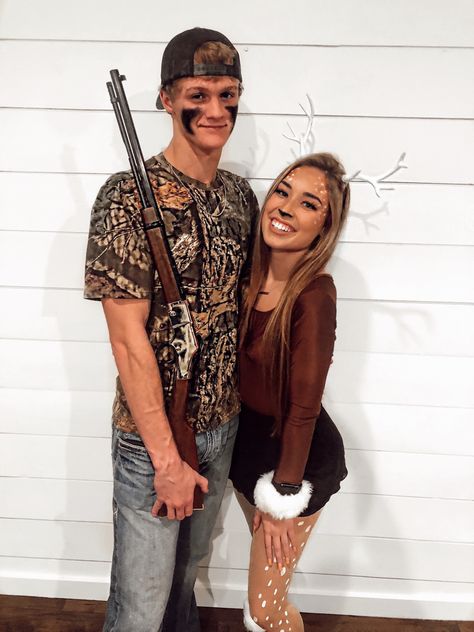 Bambi Couple Costume, Cute Easy Couples Halloween Costumes, Deer Snd Hunter Costume, Hunting Costume Ideas, Country Costumes For Couples, Bf And Gf Costume Ideas, Hunting Couple Halloween Costumes, 2 Man Halloween Costume, Hunter And Dear Costume