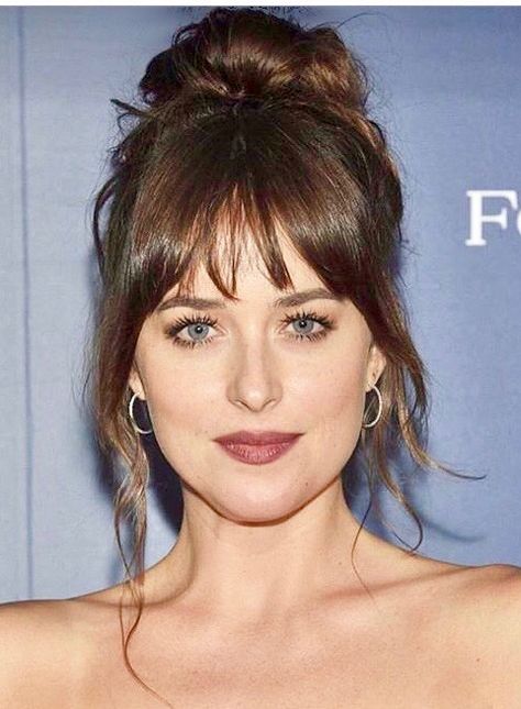 Up Do Hairstyles With Bangs, Bangs Up Do, Bangs Wedding Updo, Dakota Johnson Hair Bangs, Bangs Pinned Back Hairstyles Wedding, Fancy Hairstyles With Bangs, Up Dos With Bangs, Hairdo With Bangs, Bridal Updo Bangs