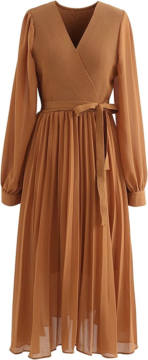 CHICWISH Women's Caramel Knit Spliced Self-Tie Pleated Wrap Midi Dress at Amazon Women’s Clothing store Led Dress, Fashion Buyer, Wrap Midi Dress, Black High Heels, Baby Things, Indie Design, Sheer Dress, Modest Fashion, Unique Fashion