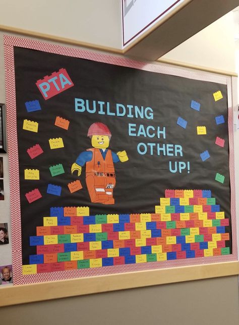 Pta Membership Bulletin Board Ideas, Building Bulletin Board Ideas Preschool, Bulletin Board Ideas For Clubs, One Team One Dream Bulletin Board, Lego Themed Bulletin Boards, Lego Themed Classroom Ideas, Pta Board Ideas, Parents Bulletin Board Ideas, Minecraft School Ideas Classroom