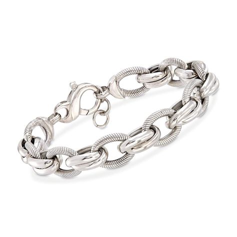 Ross-Simons Italian Sterling Silver Textured and Polished Oval-Link Bracelet Silver Bracelet Stack, Silver Link Bracelet, Jewelry Lookbook, Metal Chain Link, Fine Jewelry Bracelets, Traditional Jewelry, Bracelet Collection, Link Necklace, Chic Design