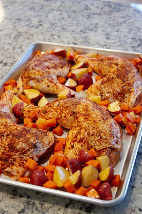 Chicken Quarter Sheet Pan Dinner, Chicken Leg Quarters Sheet Pan Dinner, Sheet Pan Chicken Quarters, Quartered Chicken Leg Recipes, Baked Quarter Leg Chicken Recipes, Chicken Thigh Quarter Recipes, Chicken Leg Quarters In The Oven, Roasted Leg Quarters In Oven, Quarter Chicken Legs Recipes Oven Baked