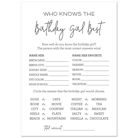 PRICES MAY VARY. Entertain the guests with these fun birthday trivia games. Card size: 5" x 7" Printed on premium quality card stock. Sold in pack of 24 cards Entertain the guests with these fun birthday trivia games. Free Who Knows The Birthday Girl Best Printable, Games To Play On Your Birthday, Who Knows The Birthday Girl Best, Birthday Bash Ideas, Birthday Trivia, Birthday Freebies, Birthday Activities, 13th Birthday Parties, Birthday Brunch