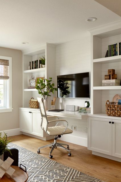 Oak Tree Circle by Robson Homes - Transitional - Home Office - San Francisco - by Agnieszka Jakubowicz PHOTOGRAPHY | Houzz Transitional Desk Office Spaces, Formal Living Room Turned Study, Chair Next To Bookshelf, Home Office With High Ceiling, Desk In Formal Living Room, Free Standing Built Ins, Light Bright Home Office, Home Office Light Colors, Master With Office Area