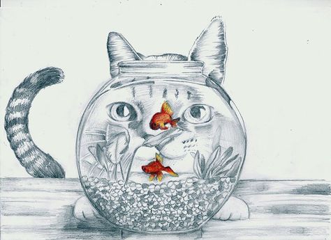 Fishbowl Sketch, Fishbowl Drawing, Drawn Fish, Drawing Journal, Fish Drawings, Fish Bowl, Blackbird, Happy Animals, Cat Drawing